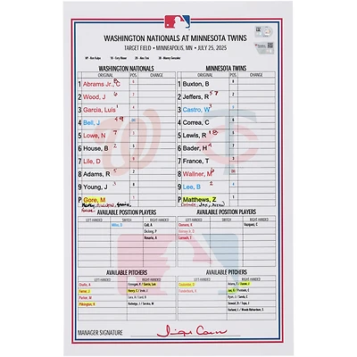 Carte de composition des équipes des Nationals de Washington contre les Twins du Minnesota, le 25 juillet 2025