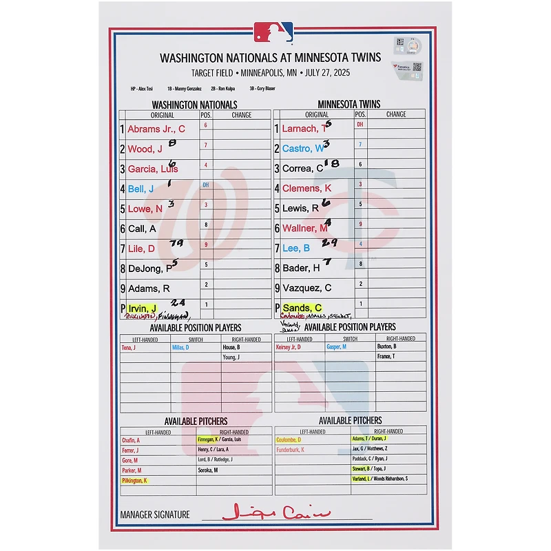 Washington Nationals Game-Used Lineup Card vs. Minnesota Twins on July 27, 2025