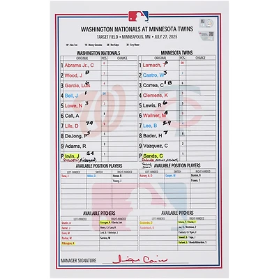 Washington Nationals Game-Used Lineup Card vs. Minnesota Twins on July 27, 2025
