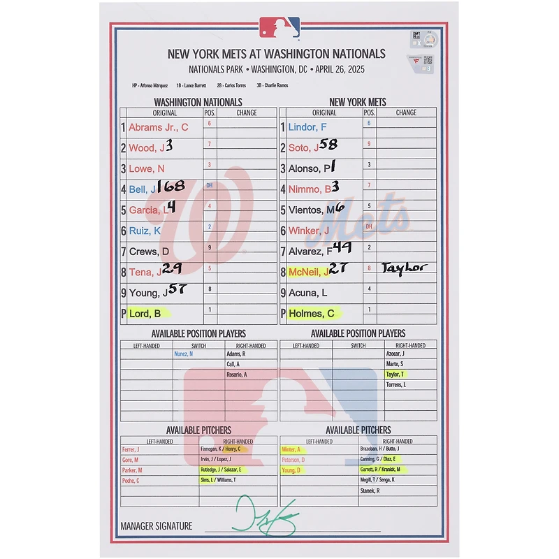 Carte de composition des Nationals de Washington contre les Mets de New York, le 26 avril 2025