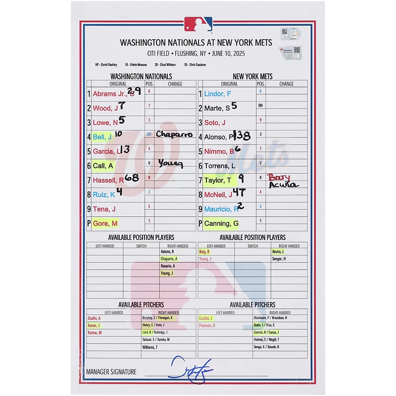Carte de composition des Nationals de Washington contre les Mets de New York le juin 2025