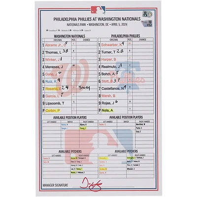Washington Nationals Game-Used Lineup Card vs. Philadelphia Phillies on April 5, 2024