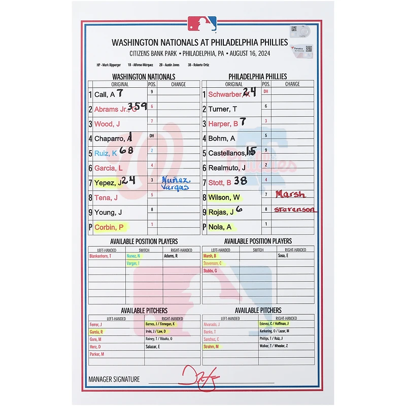 Washington Nationals Game-Used Lineup Card vs. Philadelphia Phillies on August 16, 2024