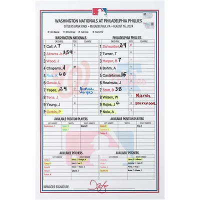 Washington Nationals Game-Used Lineup Card vs. Philadelphia Phillies on August 16, 2024