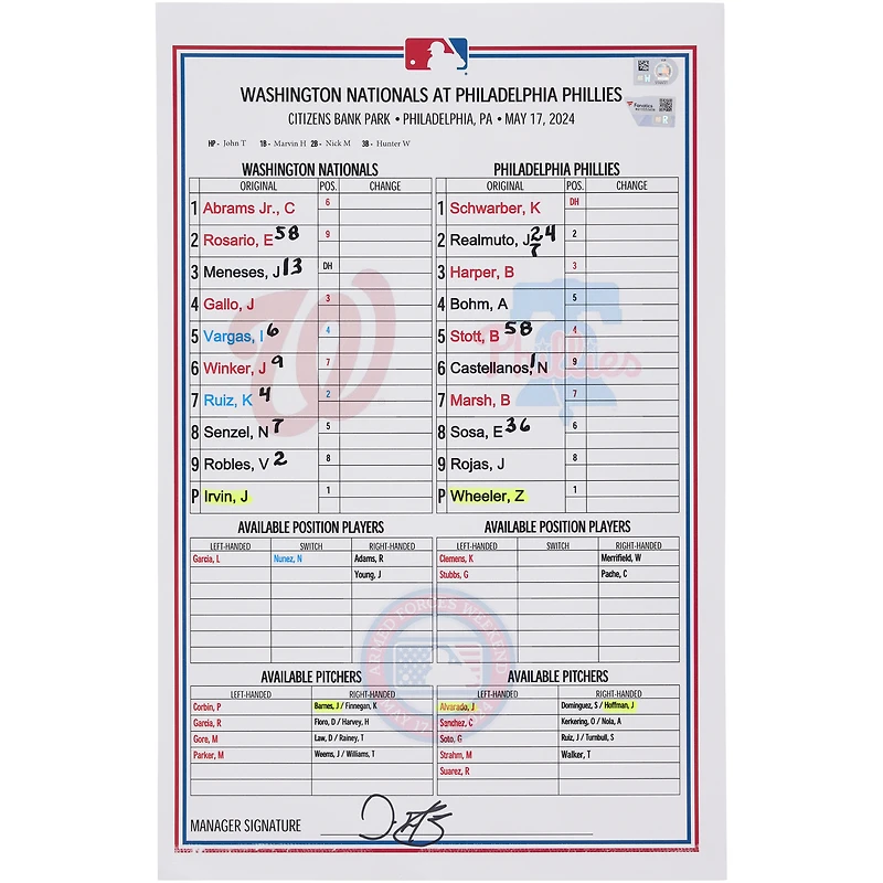 Washington Nationals Game-Used Lineup Card vs. Philadelphia Phillies on May 17, 2024 