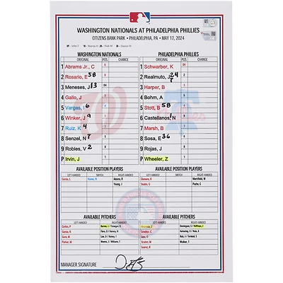 Washington Nationals Game-Used Lineup Card vs. Philadelphia Phillies on May 17, 2024