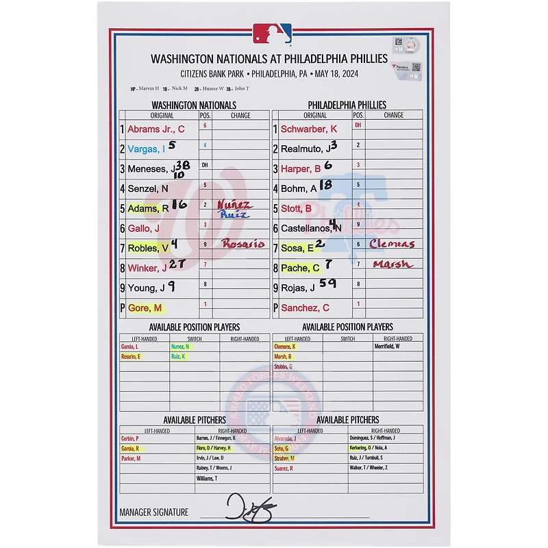 Washington Nationals Game-Used Lineup Card vs. Philadelphia Phillies on May 18, 2024 