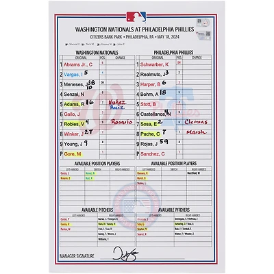 Washington Nationals Game-Used Lineup Card vs. Philadelphia Phillies on May 18, 2024