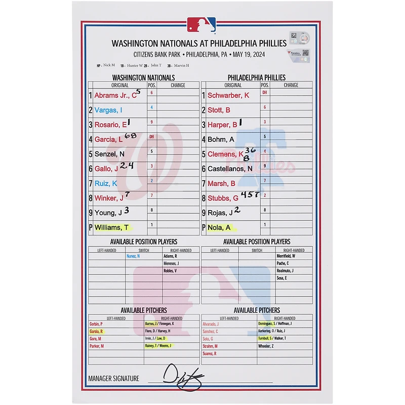 Washington Nationals Game-Used Lineup Card vs. Philadelphia Phillies on May 19, 2024 