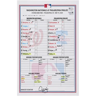 Washington Nationals Game-Used Lineup Card vs. Philadelphia Phillies on May 19, 2024 