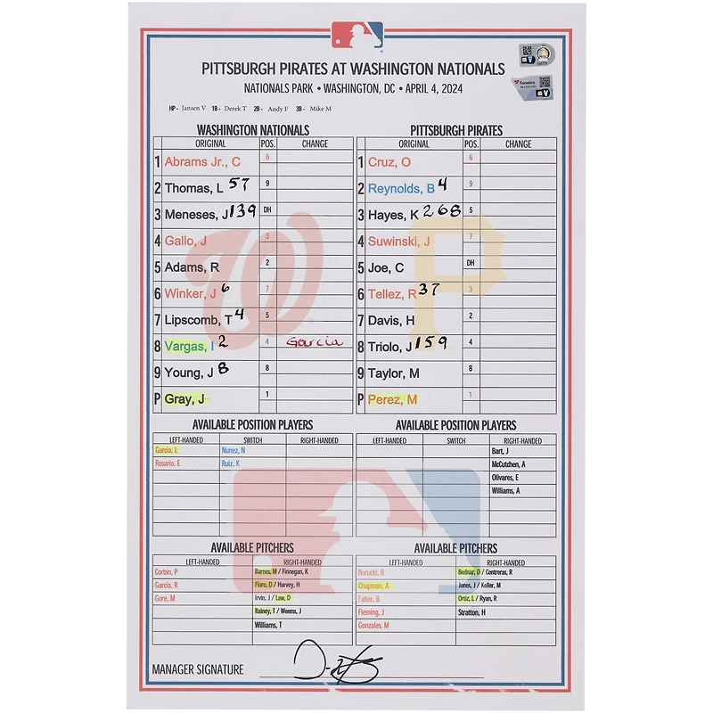 Carte de composition des équipes des Nationals de Washington contre les Pirates de Pittsburgh le 4 avril 2024