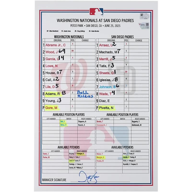 Carte de composition des Nationals de Washington lors du match contre les Padres de San Diego