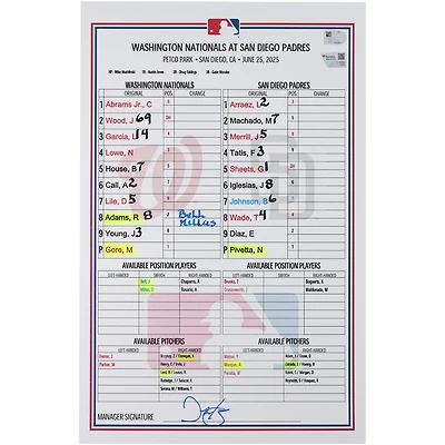 Carte de composition des Nationals de Washington lors du match contre les Padres de San Diego