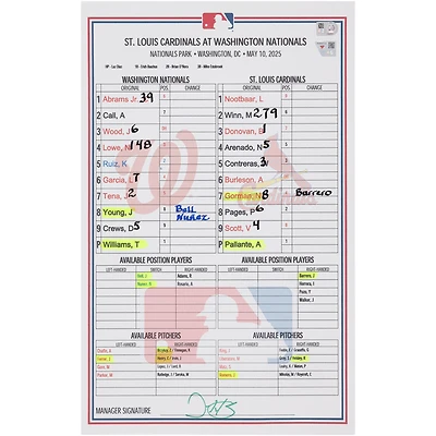 Carte de composition des Nationals de Washington contre les Cardinals de Saint-Louis, le 10 mai 2025
