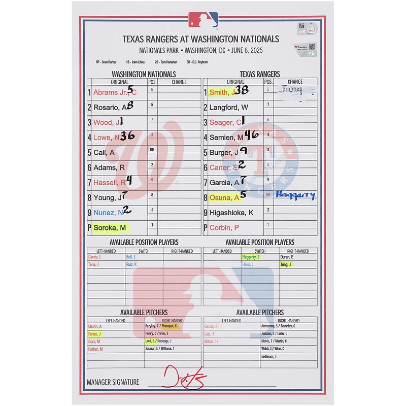 Carte de composition des Nationals de Washington lors du match contre les Rangers du Texas