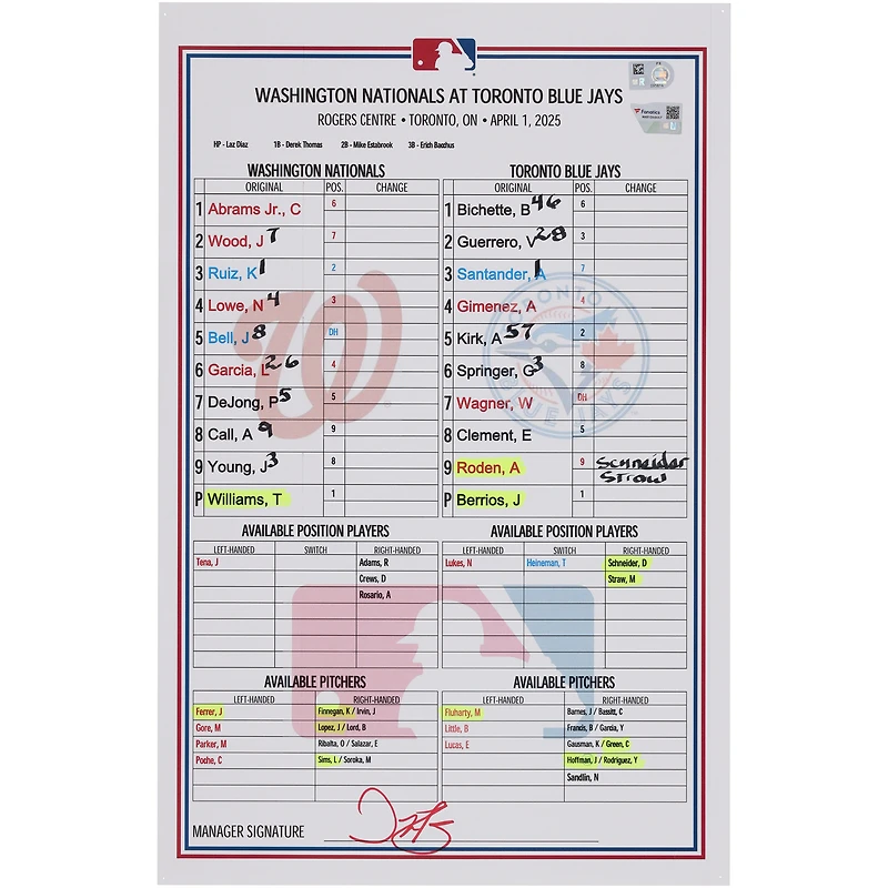Carte de composition des Nationals de Washington contre les Blue Jays de Toronto