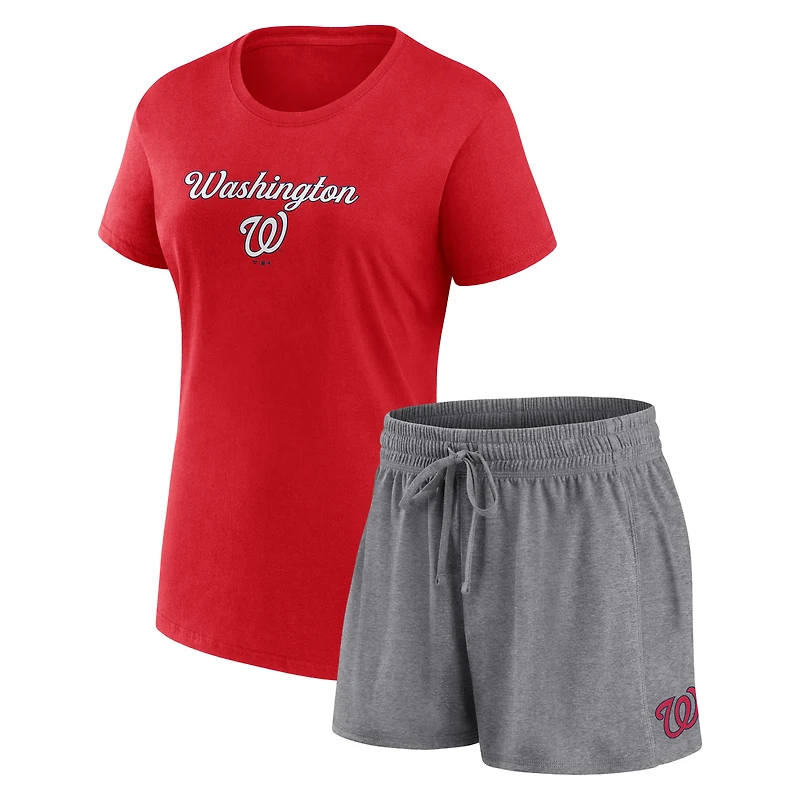 Ensemble combiné t-shirt et short Fanatics pour femmes, rouge/gris, Washington Nationals Script
