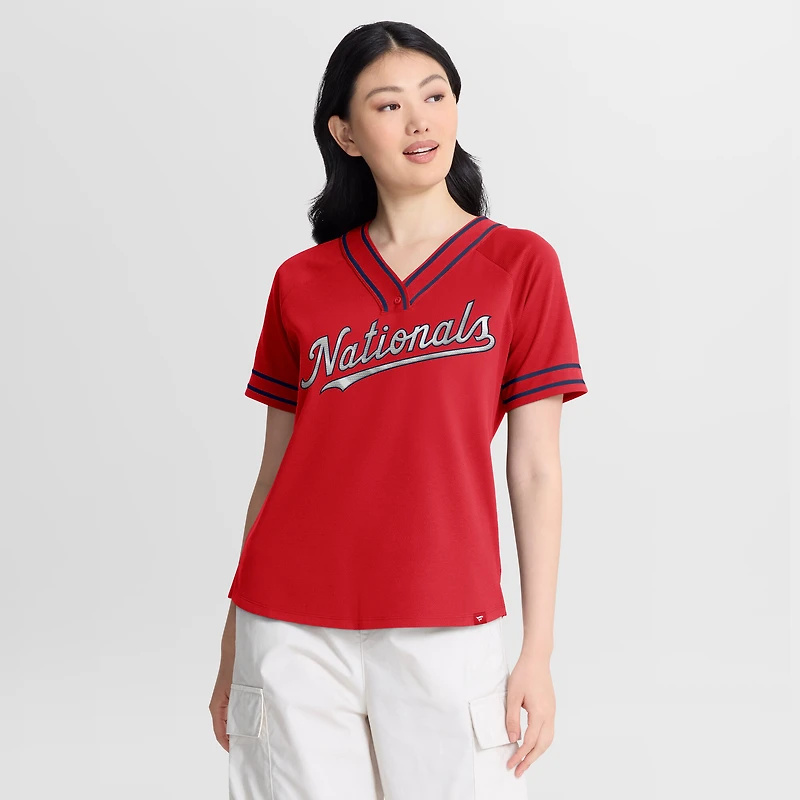 T-shirt raglan à col en V Fanatics rouge Washington Nationals Diva Race Ahead pour femme