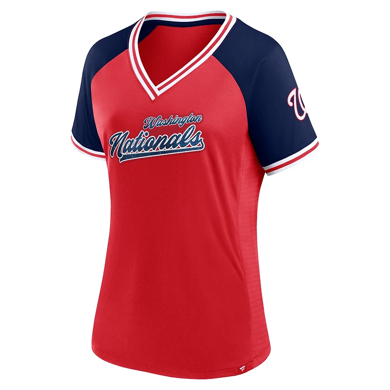 T-shirt rouge à col en V Fanatics pour femmes des Nationals de Washington Glitz & Glam League Diva Raglan