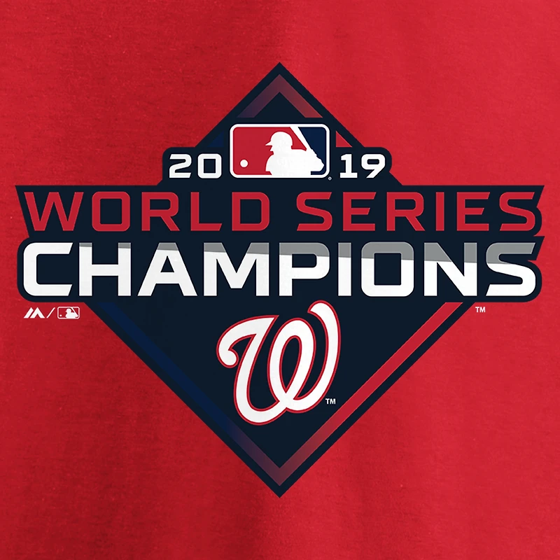 Women's Majestic Red Washington Nationals 2019 World Series Champions Logo V-Neck T-Shirt