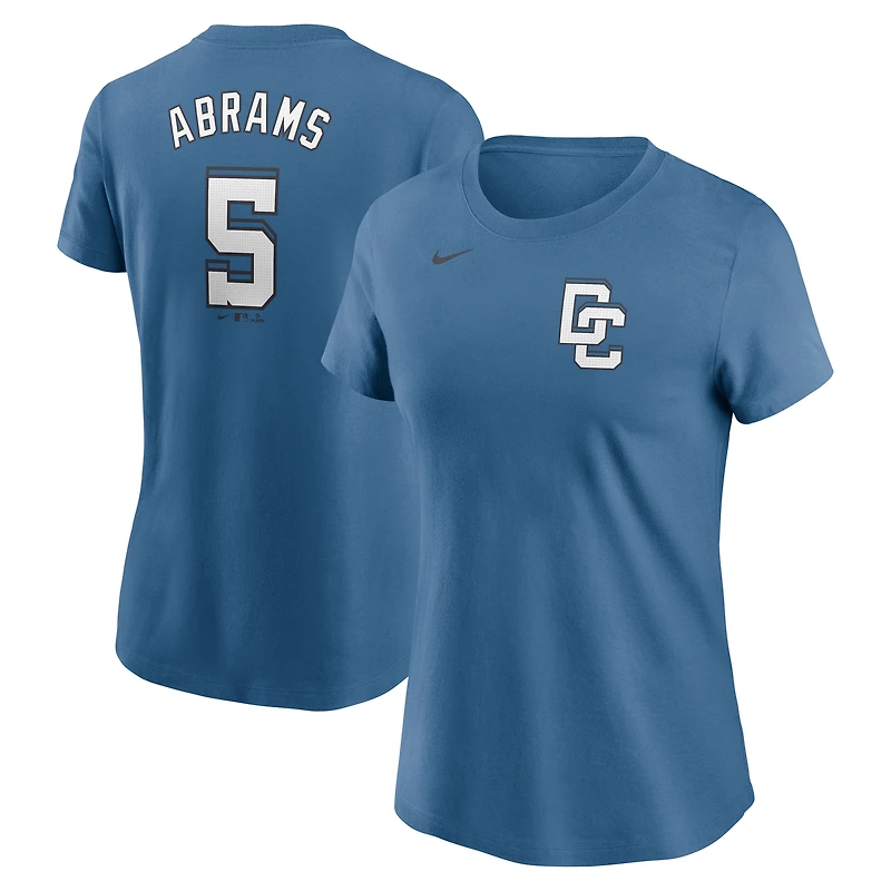 T-shirt Nike CJ Abrams bleu pour femme, Washington Nationals 2025 City Connect Fuse, nom et numéro