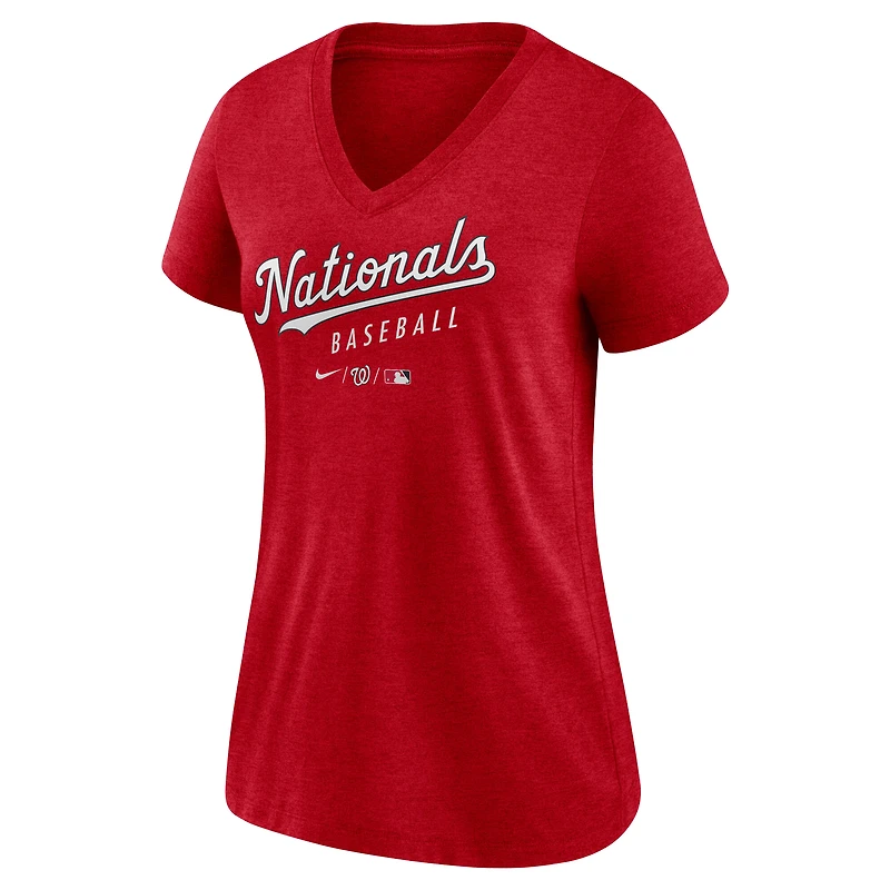 T-shirt à col en V Nike rouge chiné pour femme, collection authentique des Nationals de Washington