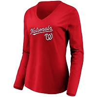 T-shirt à manches longues et col en V Core Team Lockup pour femme, rouge, Washington Nationals