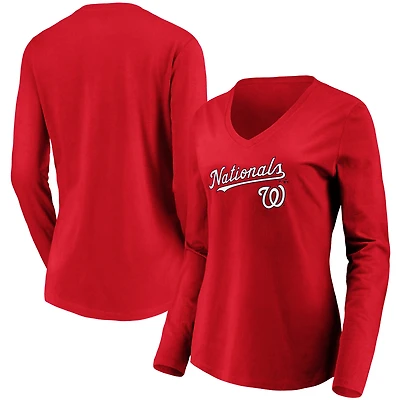 Women's Red Washington Nationals Core Team Lockup Long Sleeve V-Neck T-Shirt