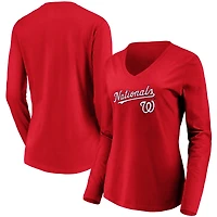 T-shirt à manches longues et col en V Core Team Lockup pour femme, rouge, Washington Nationals