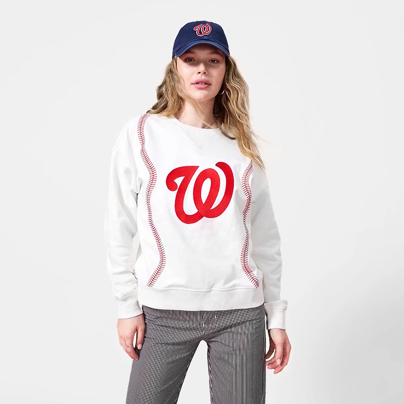 Women's Terez Cream Washington Nationals Baseball Stitch Pullover Sweatshirt