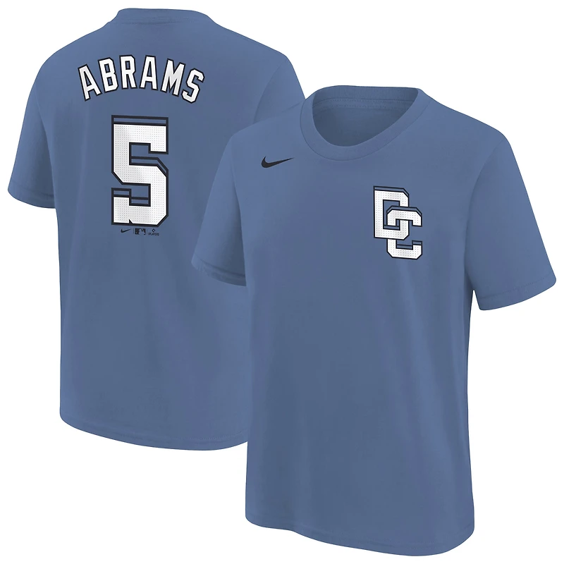 T-shirt Nike CJ Abrams bleu pour jeune, Washington Nationals Fuse City Connect, nom et numéro