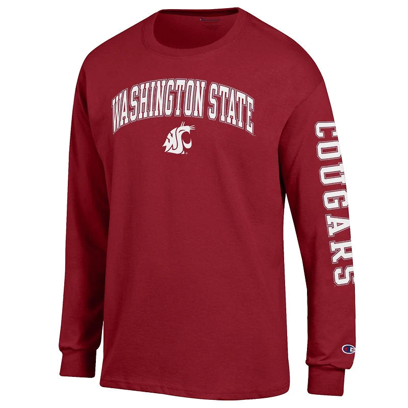 Men's Champion  Crimson Washington State Cougars Arch Over Logo 2-Hit Long Sleeve T-Shirt