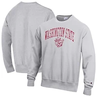 Men's Champion Gray Washington State Cougars Distressed Arch Over Logo Reverse Weave Crew Neck Sweatshirt