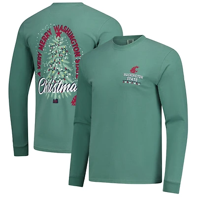 T-shirt à manches longues pour homme Washington State Cougars, vert, Comfort Colors, motif sapin de Noël