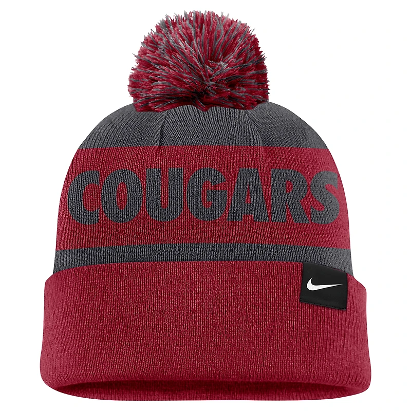 Men's Nike Charcoal/Crimson Washington State Cougars Peak Stripe Cuffed Knit Hat with Pom