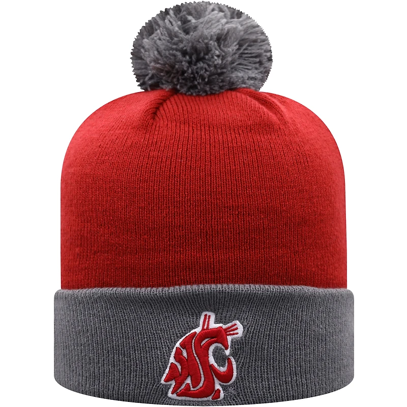 Bonnet pour homme Top of the World Crimson/Gris Washington State Cougars Core 2 tons à revers avec pompon