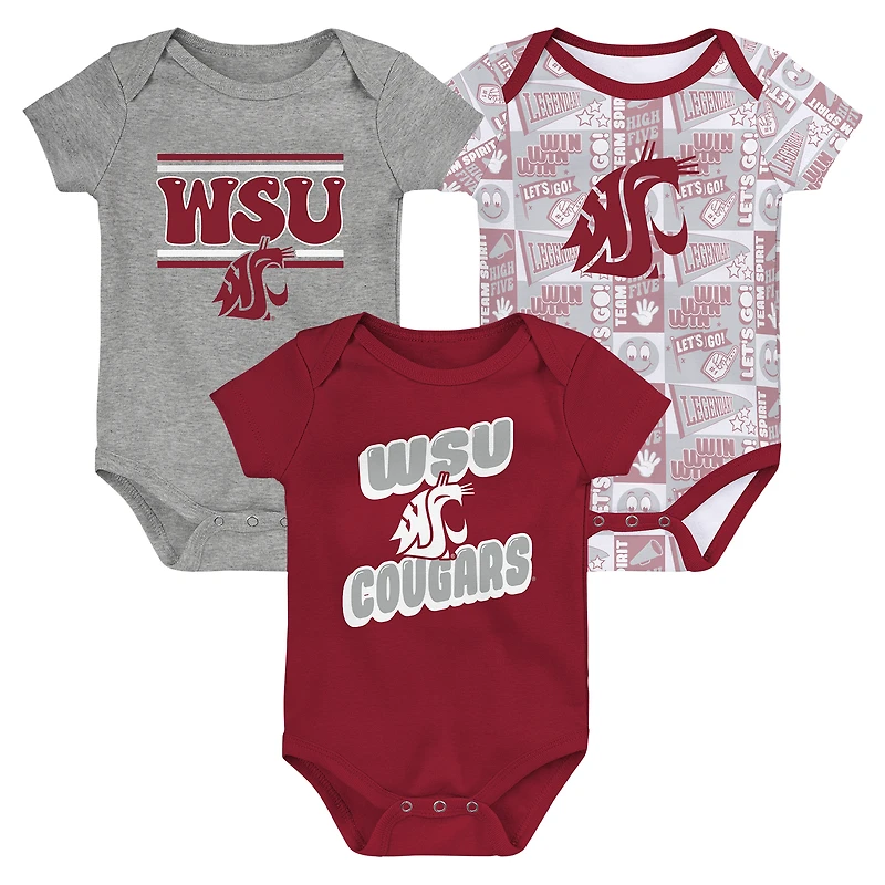 Ensemble de 3 bodies pour nouveau-né Crimson Washington State Cougars Sunday Comics