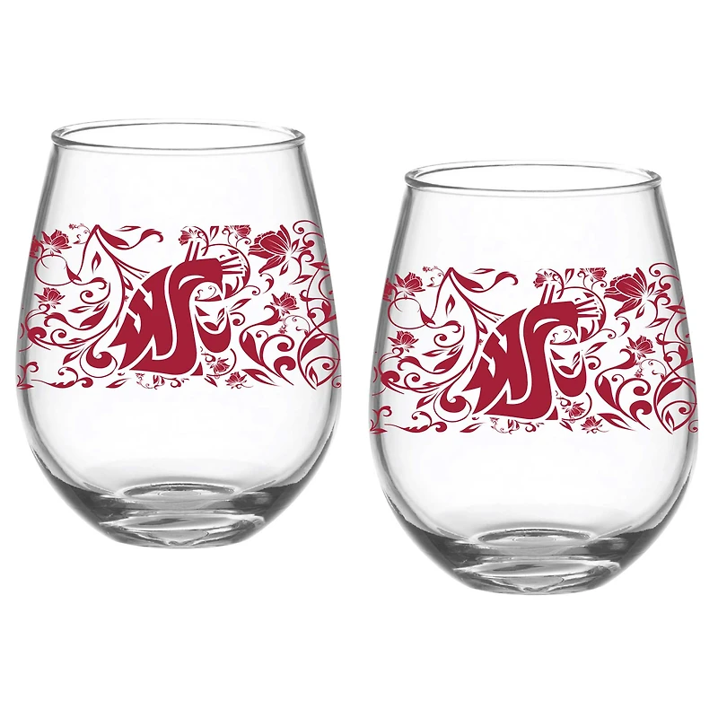Ensemble de deux verres à pied à motif floral de 15 oz des Cougars de l'État de Washington