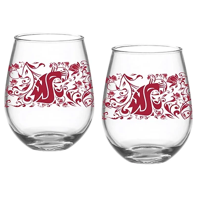 Ensemble de deux verres à pied à motif floral de 15 oz des Cougars de l'État de Washington