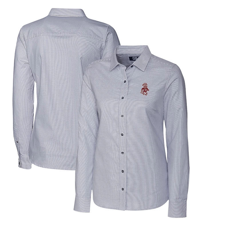 Chemise boutonnée à manches longues et rayures Oxford extensible pour femme, couleur anthracite, style Washington State Cougars, Cutter & Buck
