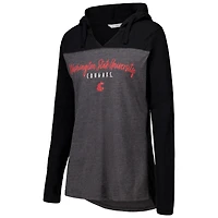 Women's Heather Charcoal Washington State Cougars Knockout Color Block Hooded V-Neck Long Sleeve T-Shirt