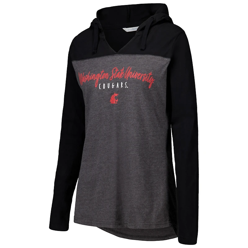 T-shirt à manches longues et col en V blocs de couleur gris chiné pour femme