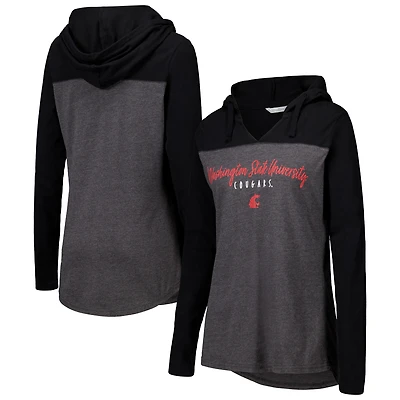 Women's Heather Charcoal Washington State Cougars Knockout Color Block Hooded V-Neck Long Sleeve T-Shirt