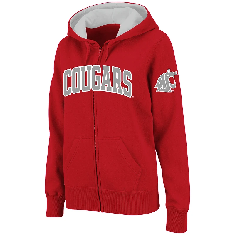 Sweat à capuche zippé pour femmes, modèle Crimson Washington State Cougars, avec nom en arc de cercle.