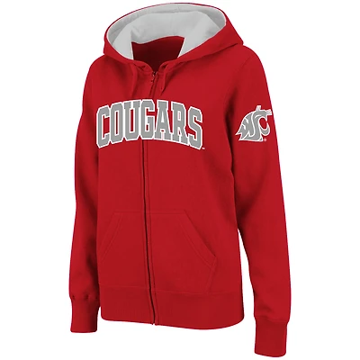 Sweat à capuche zippé pour femmes, modèle Crimson Washington State Cougars, avec nom en arc de cercle.