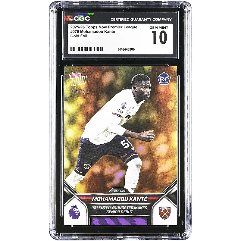 Mohamadou Kanté West Ham United 2025-26 Topps Now Premier League Talented Youngster Makes Senior Debut Gold Foil #75 #/50 CGC Authenticated 10 Rookie Card