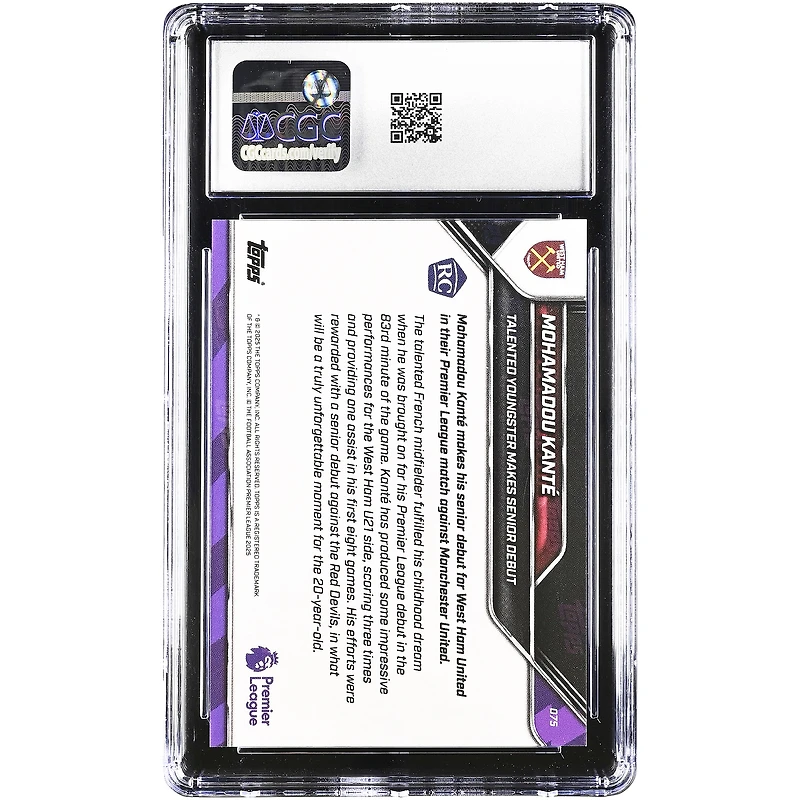 Mohamadou Kanté West Ham United 2025-26 Topps Now Premier League Talented Youngster Makes Senior Debut Gold Foil #75 #/50 CGC Authenticated 10 Rookie Card