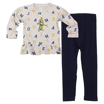 Girls Infant Wes & Willy Oatmeal West Virginia Mountaineers Ruffle Raglan Long Sleeve T-Shirt Leggings Set