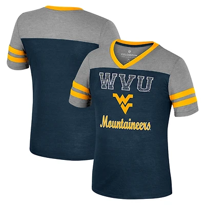 T-shirt d'été rayé à col en V pour filles Colosseum bleu marine/gris chiné West Virginia Mountaineers