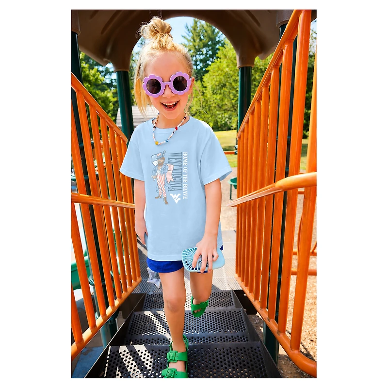 Girls Youth Light Blue West Virginia Mountaineers Americana Mascot Flag T-Shirt